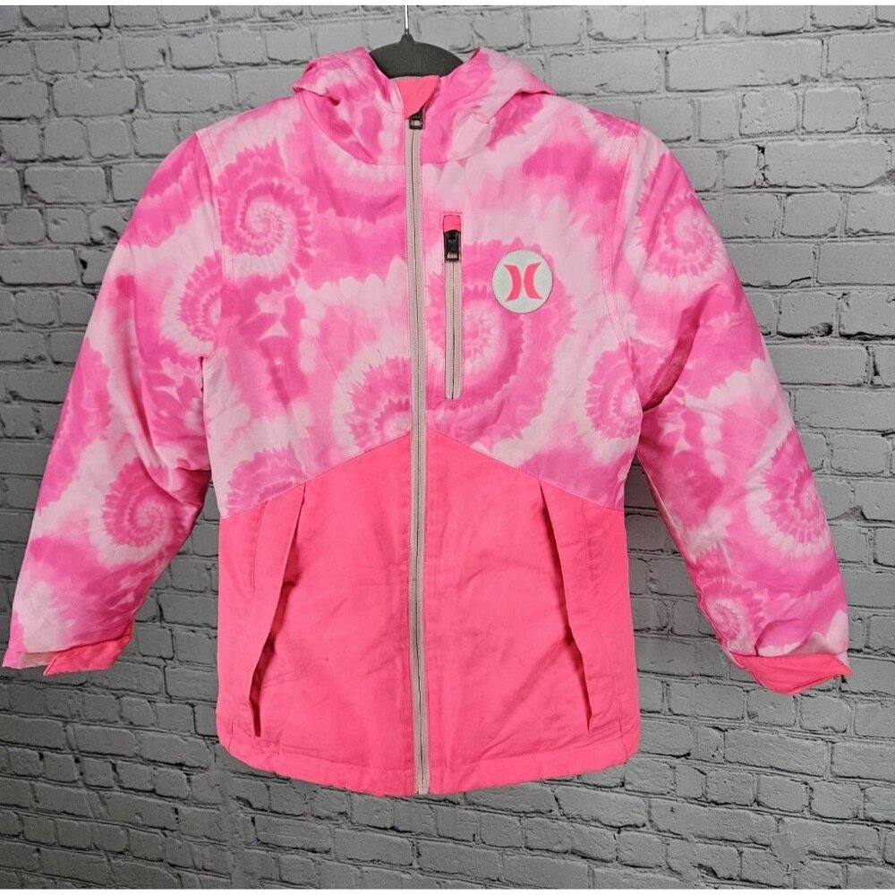 Hurley Pink Swirl Hooded Fleece Lined Insulated Full Zip Jacket 7/8